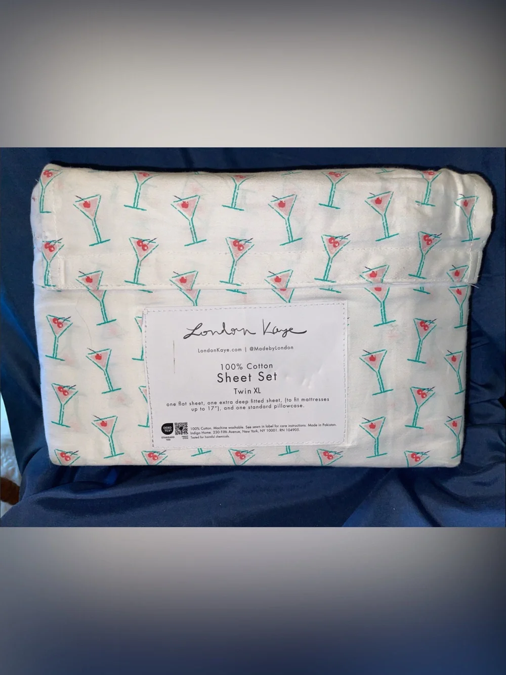 London Kaye Twin XL 100% Cotton Sheet Set - Martini Print White with Teal & Pink